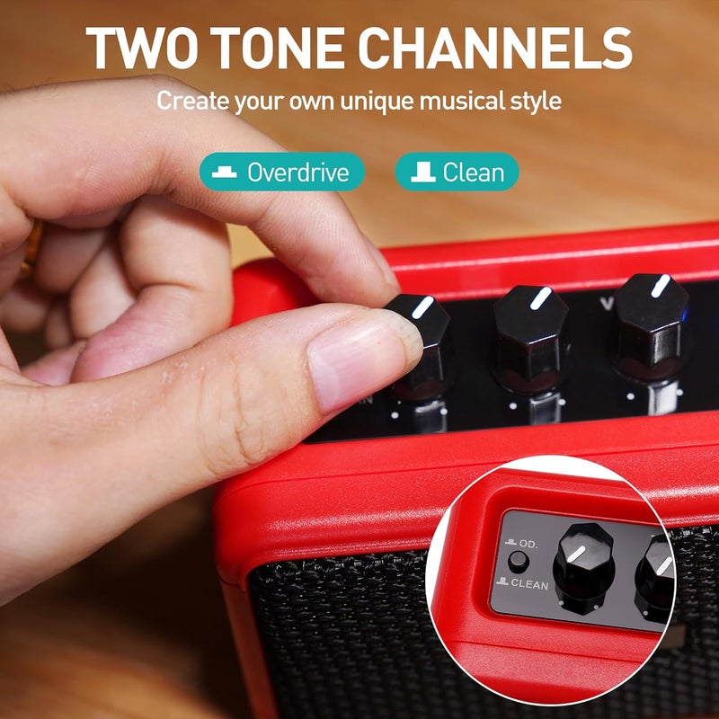 EROK Mini Electric Guitar Amplifier, with Clean Overdrive Effects,Support BT/Headphone Connection,5W Indoor Music Pratice Speaker (Red) - Image 2